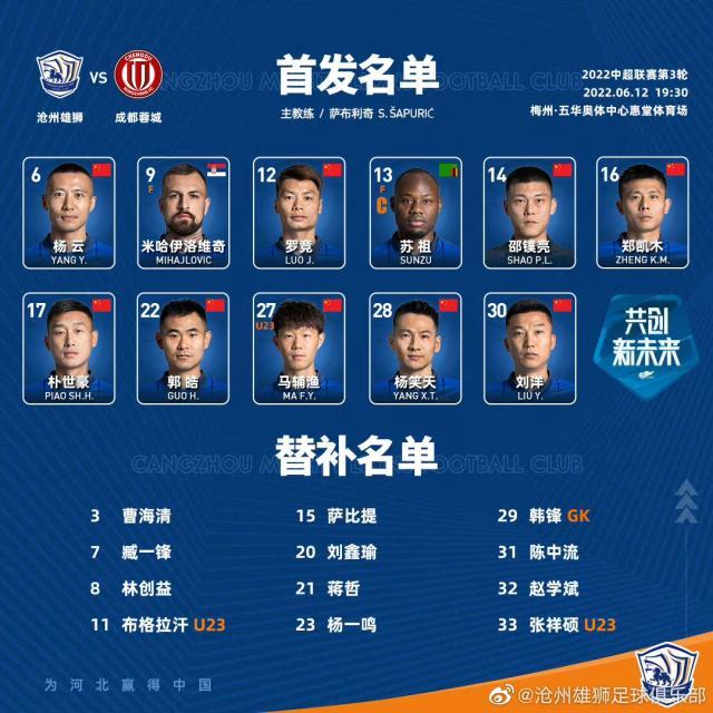 kaiyun-沧州雄狮VS成都蓉城首发：成都三主力停赛